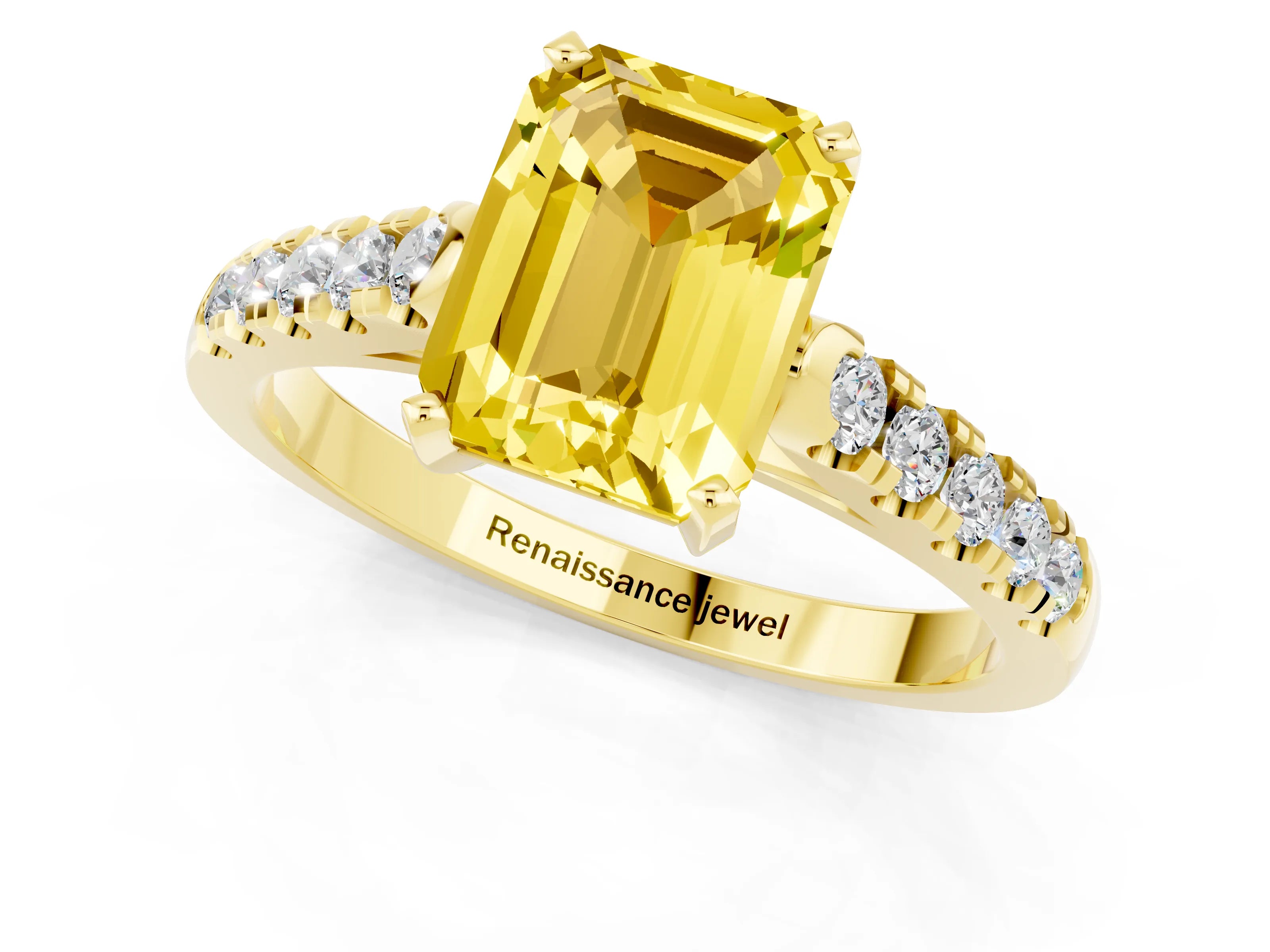Yellow gold {shape_name} Yellow Sapphire Solitaire Ring with Pavé Band and Four-Prong Setting_1