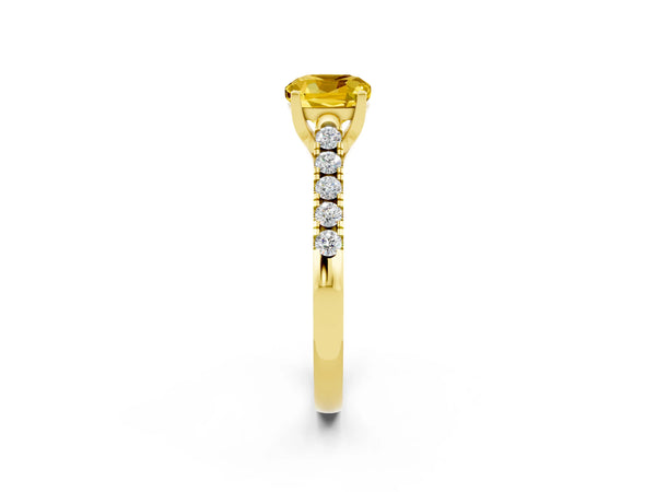 Yellow gold Cushion Cut Yellow Sapphire Pavé Band Solitaire Ring with Prong Setting