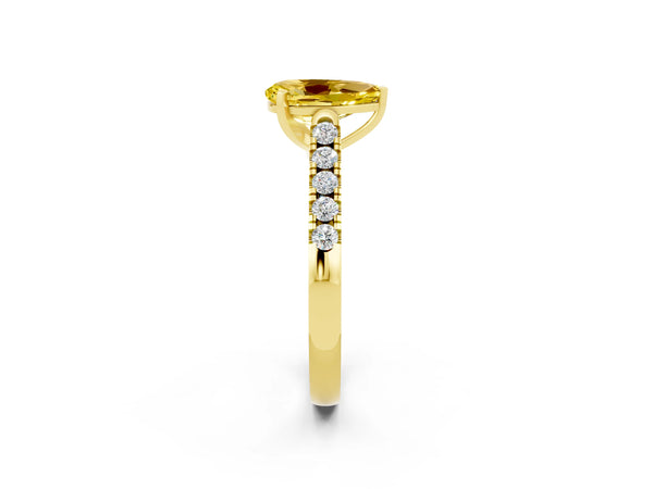 Yellow gold Pear Cut Yellow Sapphire Pavé Band Solitaire Ring with Prong Setting