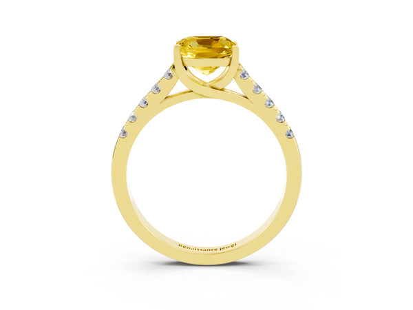 Yellow gold Cushion Cut Yellow Sapphire Pavé Band Solitaire Ring with Prong Setting