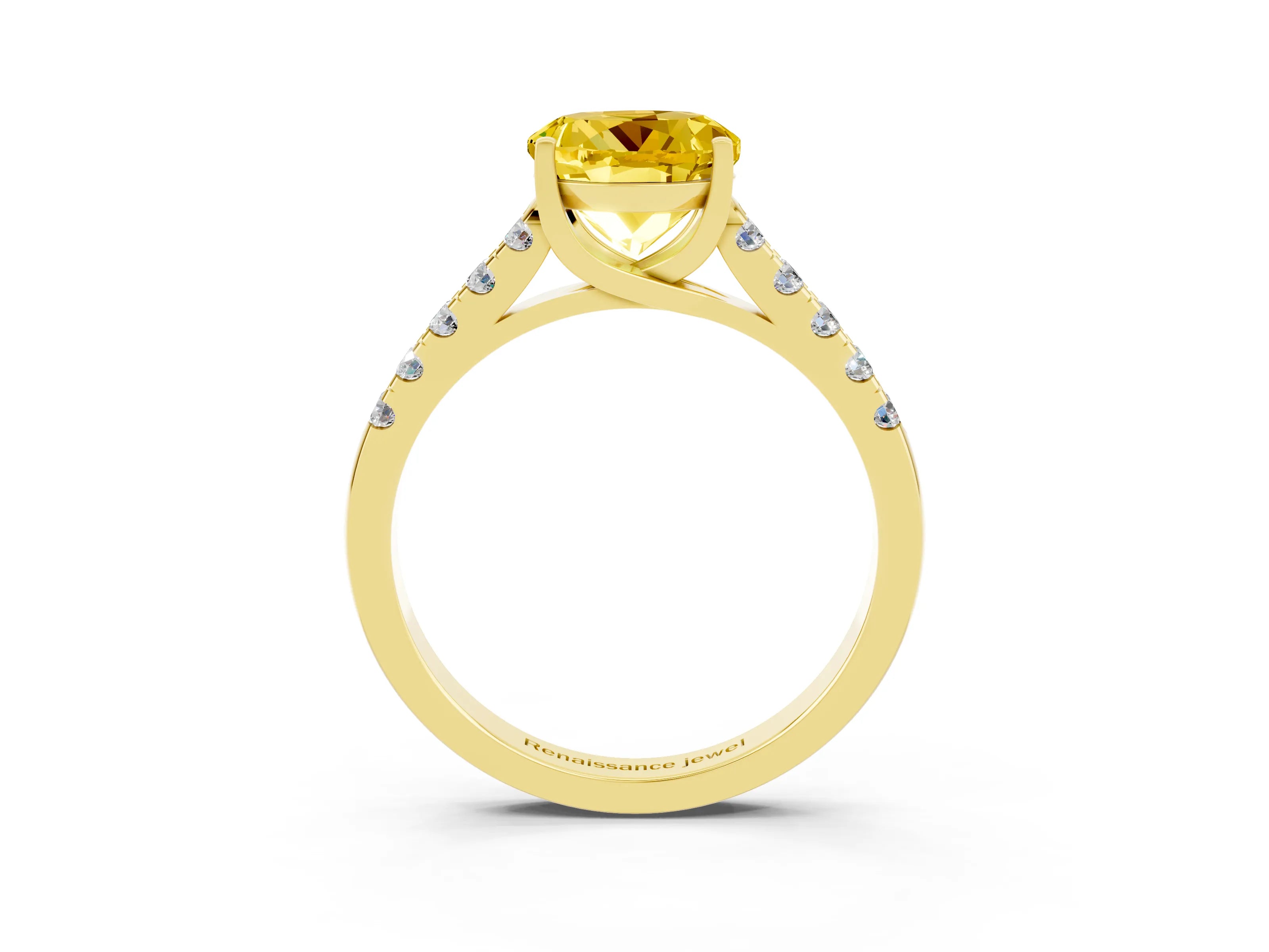 Yellow gold {shape_name} Yellow Sapphire Solitaire Ring with Pavé Band and Four-Prong Setting_3