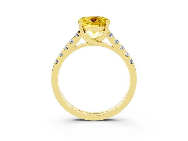 Yellow gold Round Cut Yellow Sapphire Pavé Band Solitaire Ring with Prong Setting
