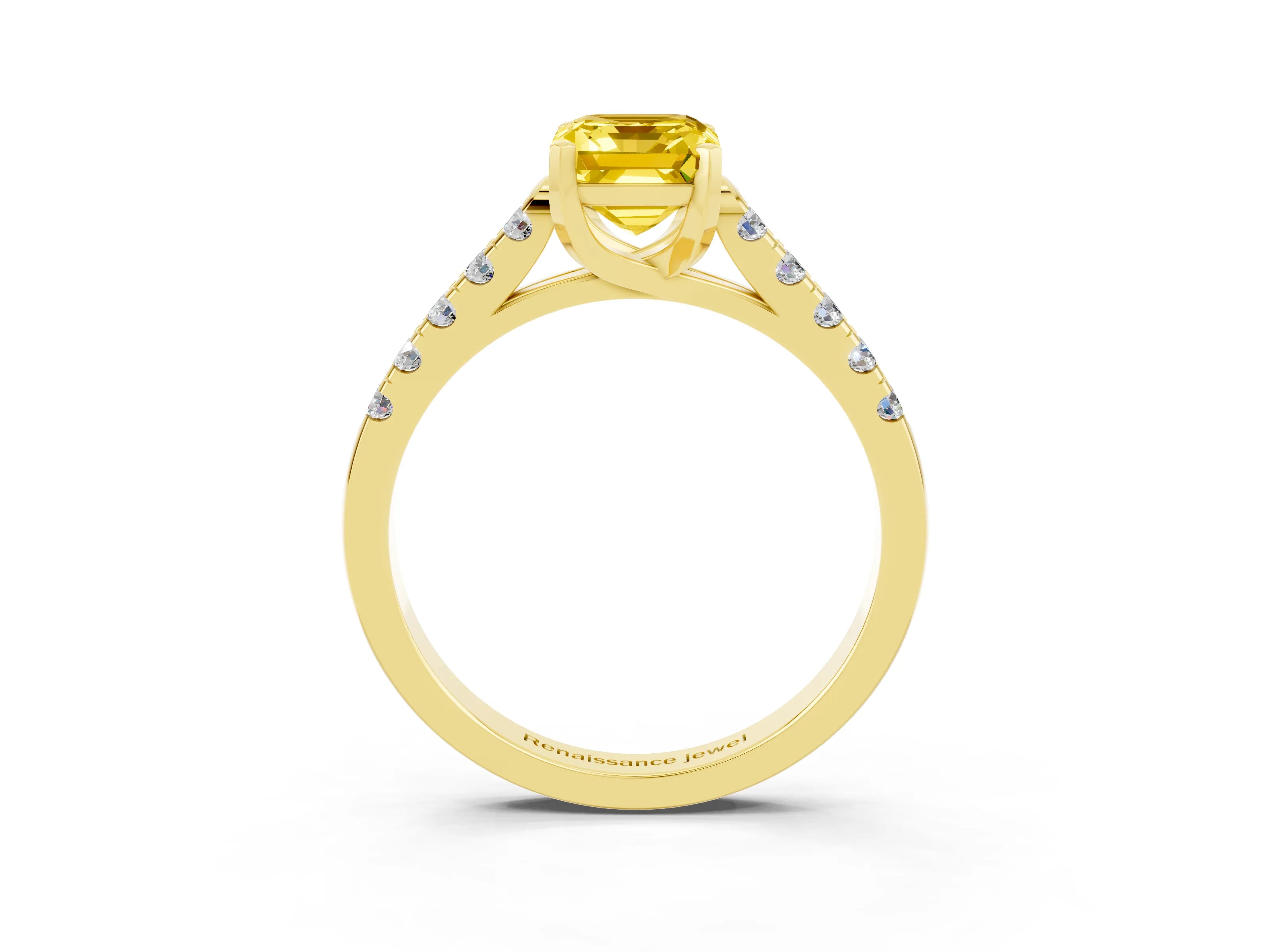 Yellow gold {shape_name} Yellow Sapphire Solitaire Ring with Pavé Band and Four-Prong Setting_3