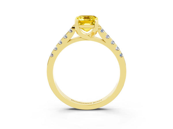 Yellow gold Emerald Cut Yellow Sapphire Pavé Band Solitaire Ring with Prong Setting