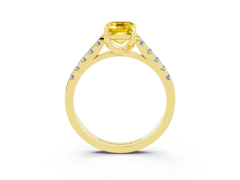 Yellow gold {shape_name} Yellow Sapphire Solitaire Ring with Pavé Band and Four-Prong Setting_3