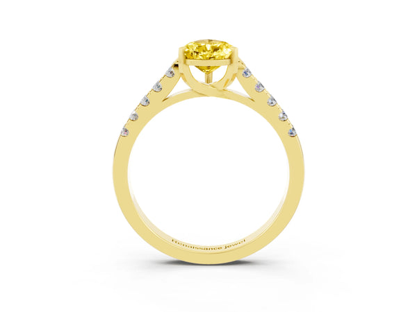Yellow gold Pear Cut Yellow Sapphire Pavé Band Solitaire Ring with Prong Setting