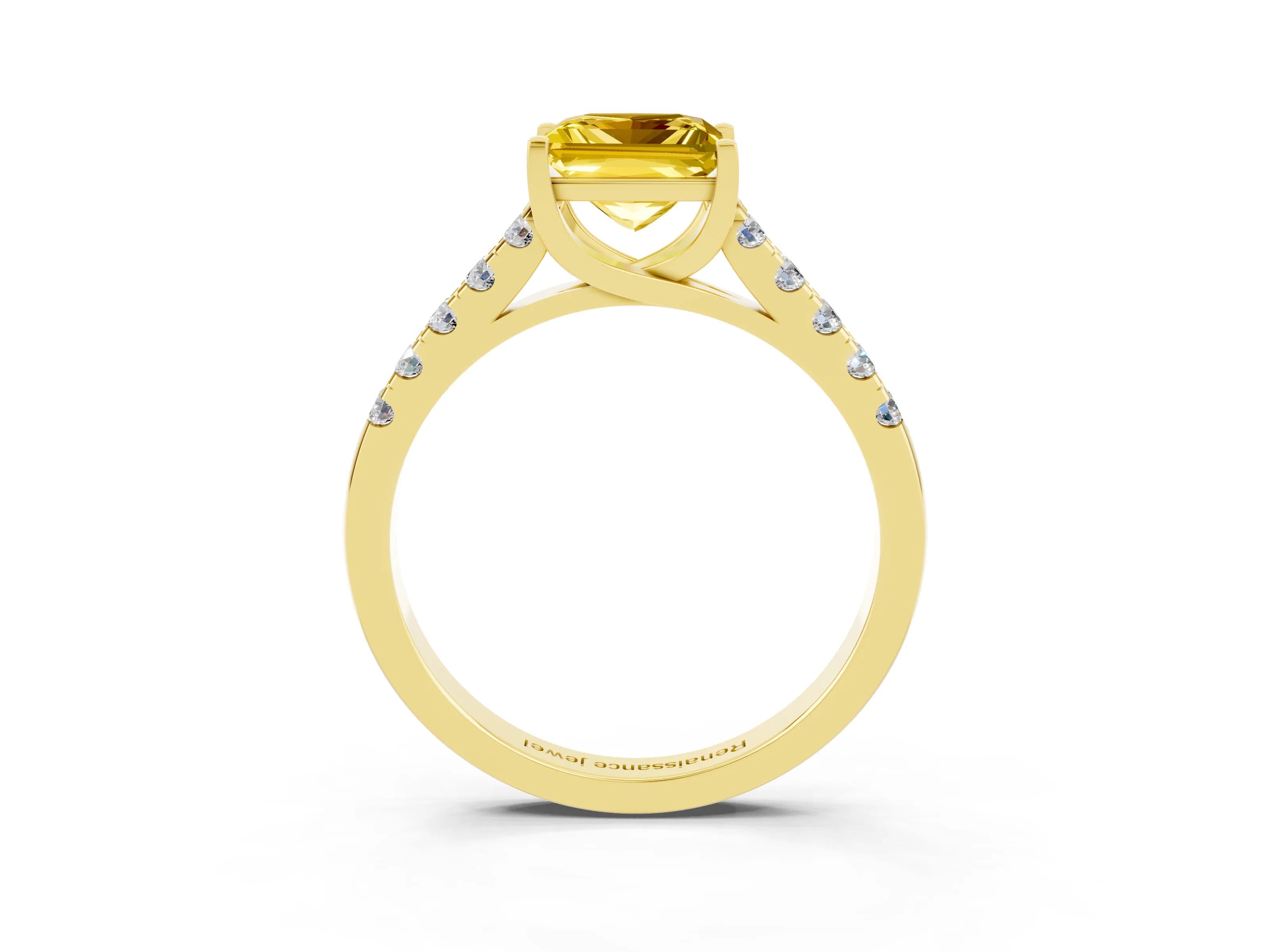 Yellow gold {shape_name} Yellow Sapphire Solitaire Ring with Pavé Band and Four-Prong Setting_3