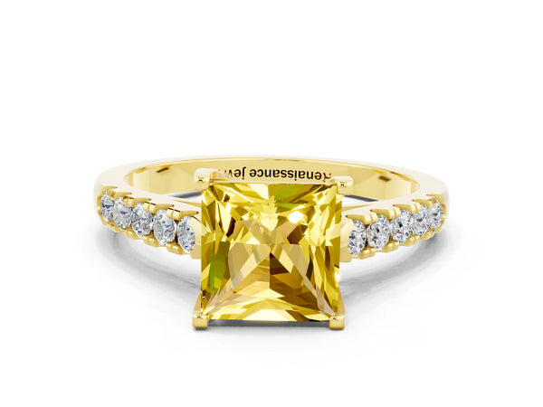 Yellow gold Princess Cut Yellow Sapphire Pavé Band Solitaire Ring with Prong Setting