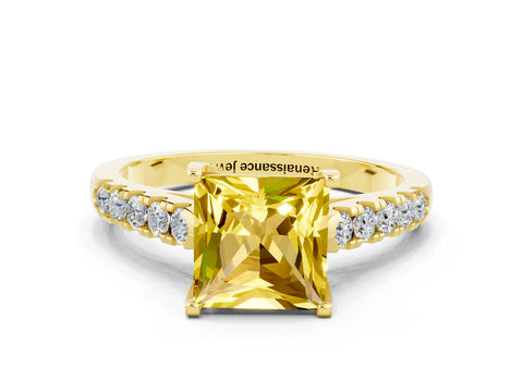 Yellow gold {shape_name} Yellow Sapphire Solitaire Ring with Pavé Band and Four-Prong Setting
