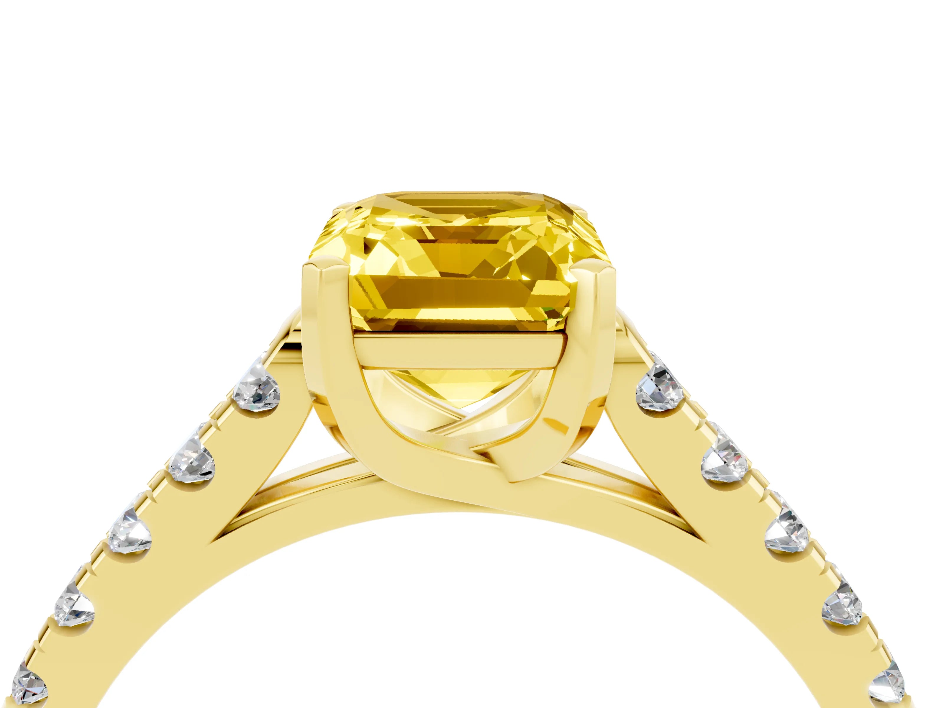 Yellow gold {shape_name} Yellow Sapphire Solitaire Ring with Pavé Band and Four-Prong Setting_4