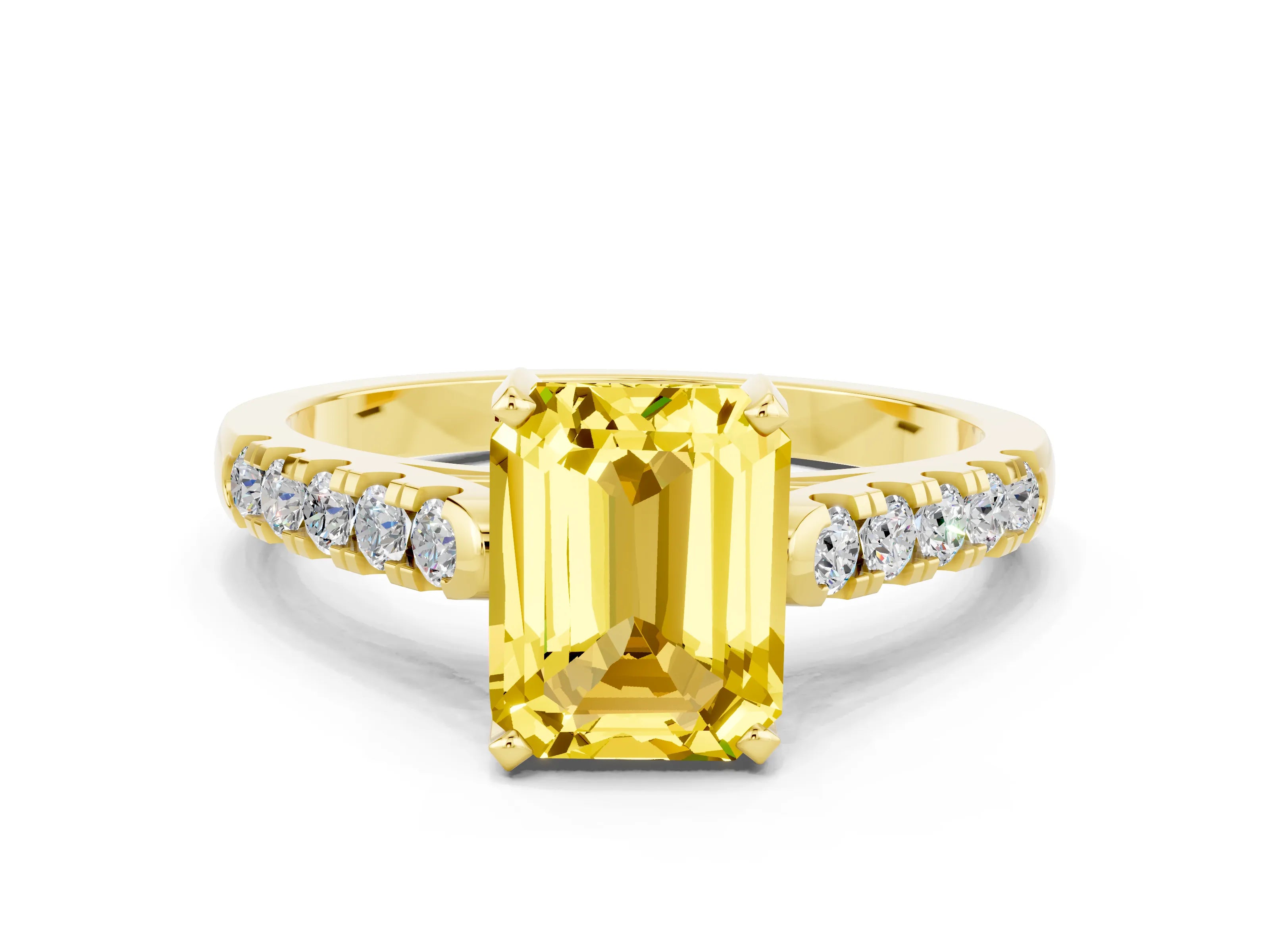 Yellow gold {shape_name} Yellow Sapphire Solitaire Ring with Pavé Band and Four-Prong Setting