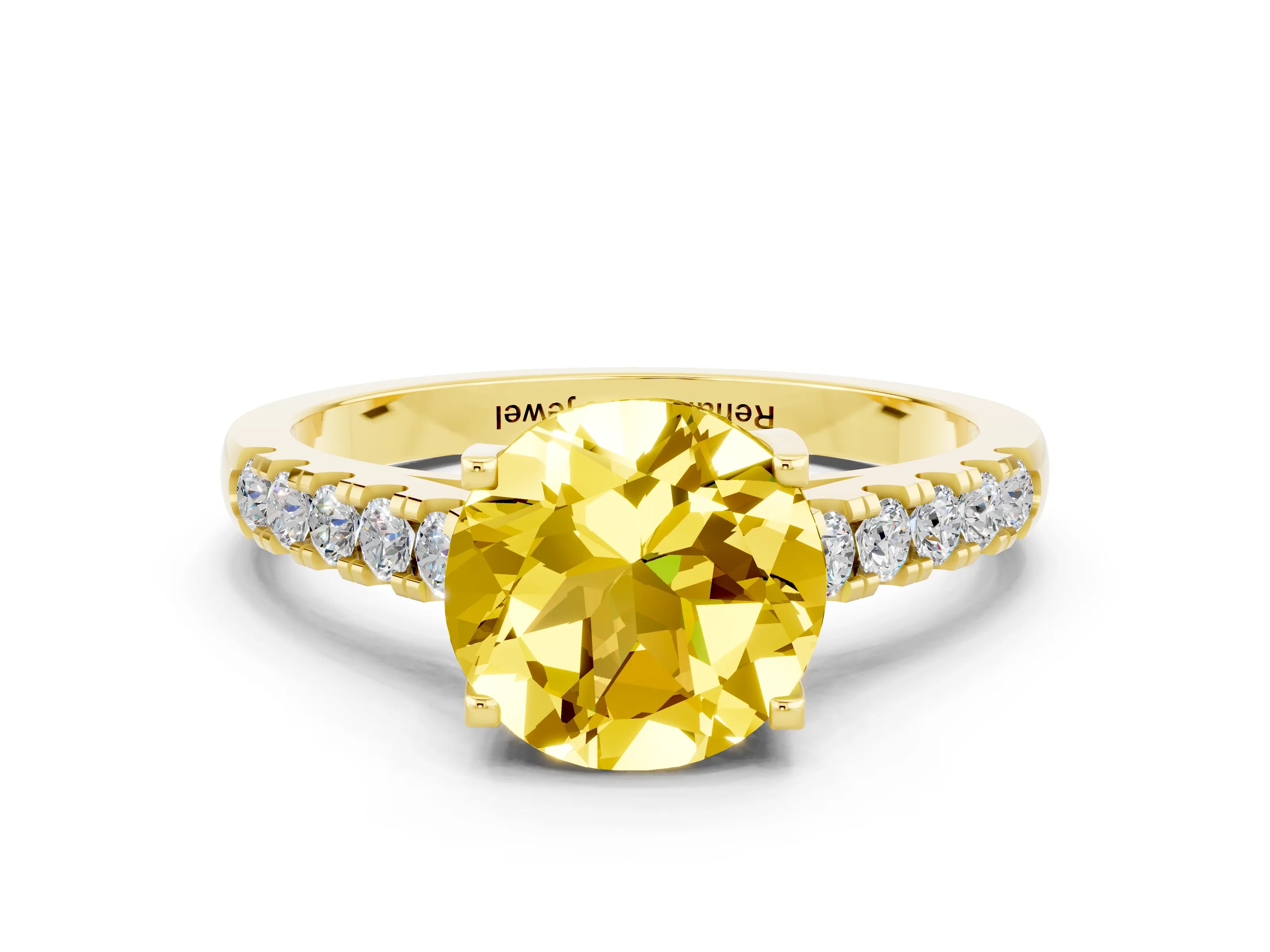 Yellow gold {shape_name} Yellow Sapphire Solitaire Ring with Pavé Band and Four-Prong Setting