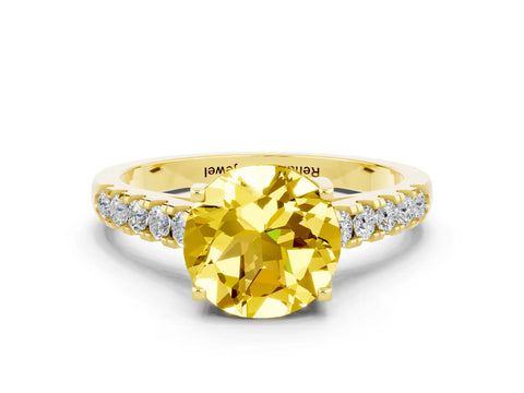 Yellow gold {shape_name} Yellow Sapphire Solitaire Ring with Pavé Band and Four-Prong Setting