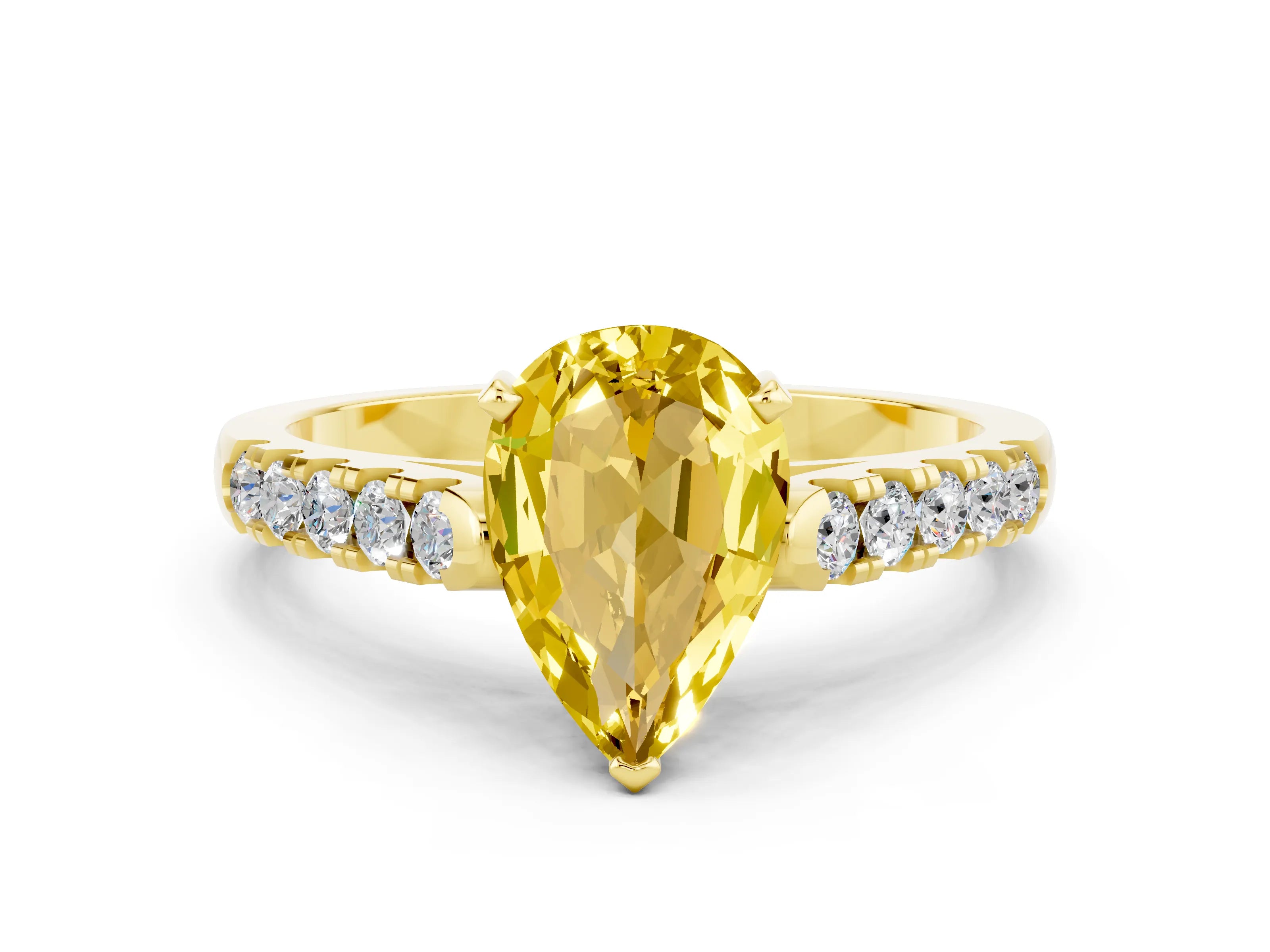 Yellow gold {shape_name} Yellow Sapphire Solitaire Ring with Pavé Band and Four-Prong Setting