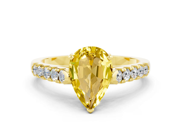 Yellow gold Pear Cut Yellow Sapphire Pavé Band Solitaire Ring with Prong Setting