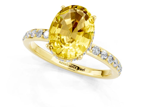Yellow gold {shape_name} Yellow Sapphire Solitaire Ring with Pavé Band and Hidden Halo_1