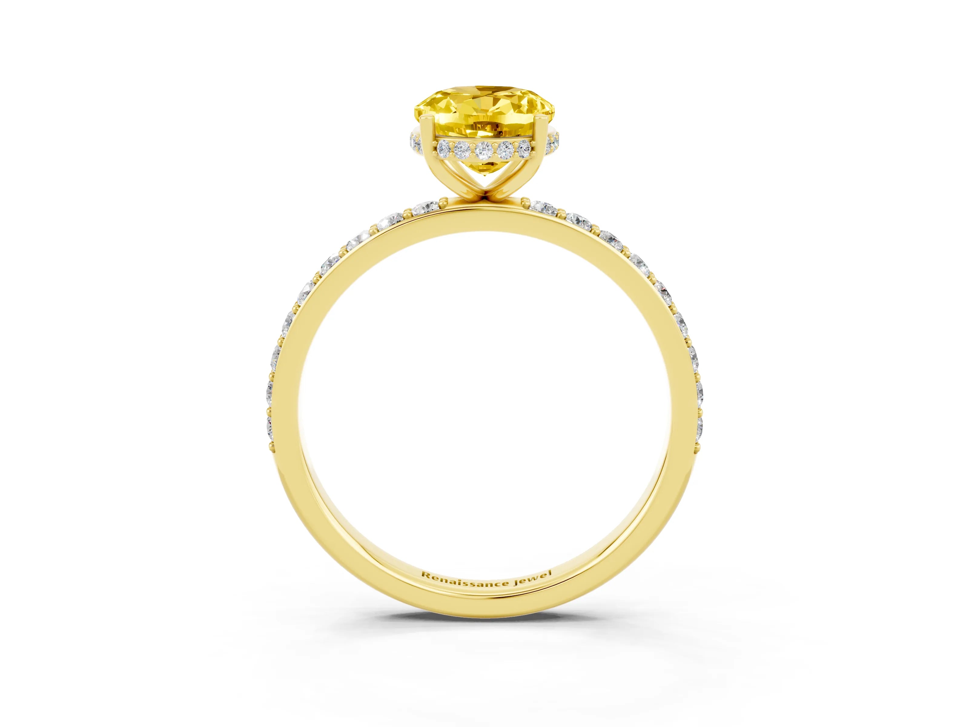 Yellow gold {shape_name} Yellow Sapphire Solitaire Ring with Pavé Band and Hidden Halo_3