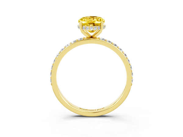 Yellow gold Oval Cut Yellow Sapphire Solitaire Ring with Pavé Band and Hidden Halo