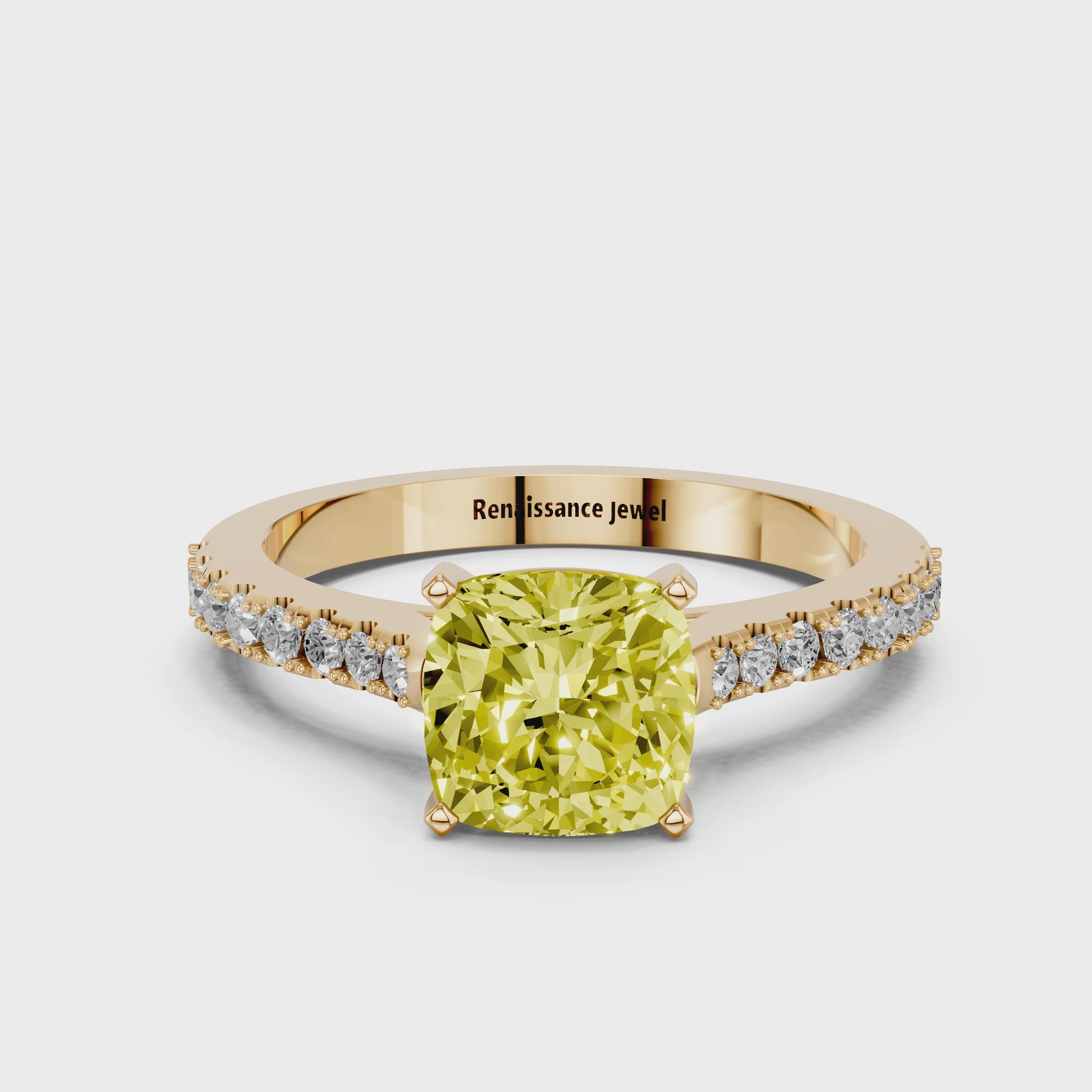 Yellow gold Fancy Yellow Cushion  Cut Solitaire Diamond Engagement Ring with Pave Band and Four-Prong Setting_90