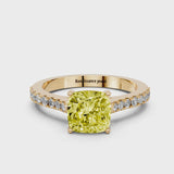 Yellow gold Fancy Yellow Cushion  Cut Solitaire Diamond Engagement Ring with Pave Band and Four-Prong Setting