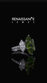 Silver Three-Stone Marquise Cut Peridot Ring with Round  Pavé Band and Prong Setting