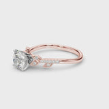 Rose gold Round Solitaire Leaf-Inspired Diamond Ring with Pavé Band and Four-Prong Setting