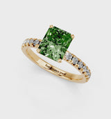 Yellow gold Fancy Green Radiant  Solitaire Pave Diamond Engagement Ring with Four-Prong Setting