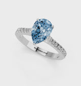 Platinum Fancy Blue Pear  Cut Solitaire Diamond Engagement Ring with Pave Band and Four-Prong Setting