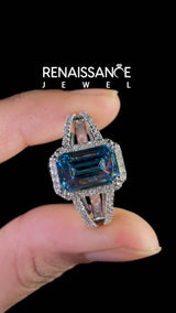 Platinum Fancy Blue Emerald Cut Diamond Halo Split Shank Engagement Ring