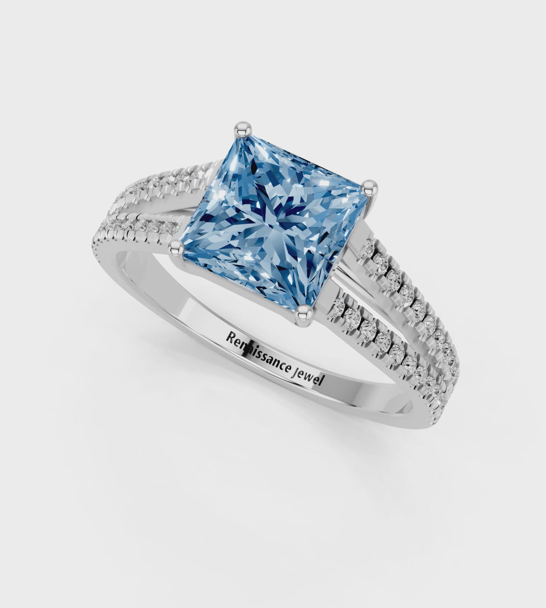 White gold Fancy Blue Princess  Solitaire Split Shank Pavé Diamond Engagement Ring_275