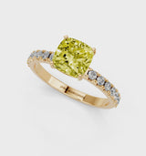 Yellow gold Fancy Yellow Cushion Cut Diamond Solitaire Pavé Band with Four-Prong Setting