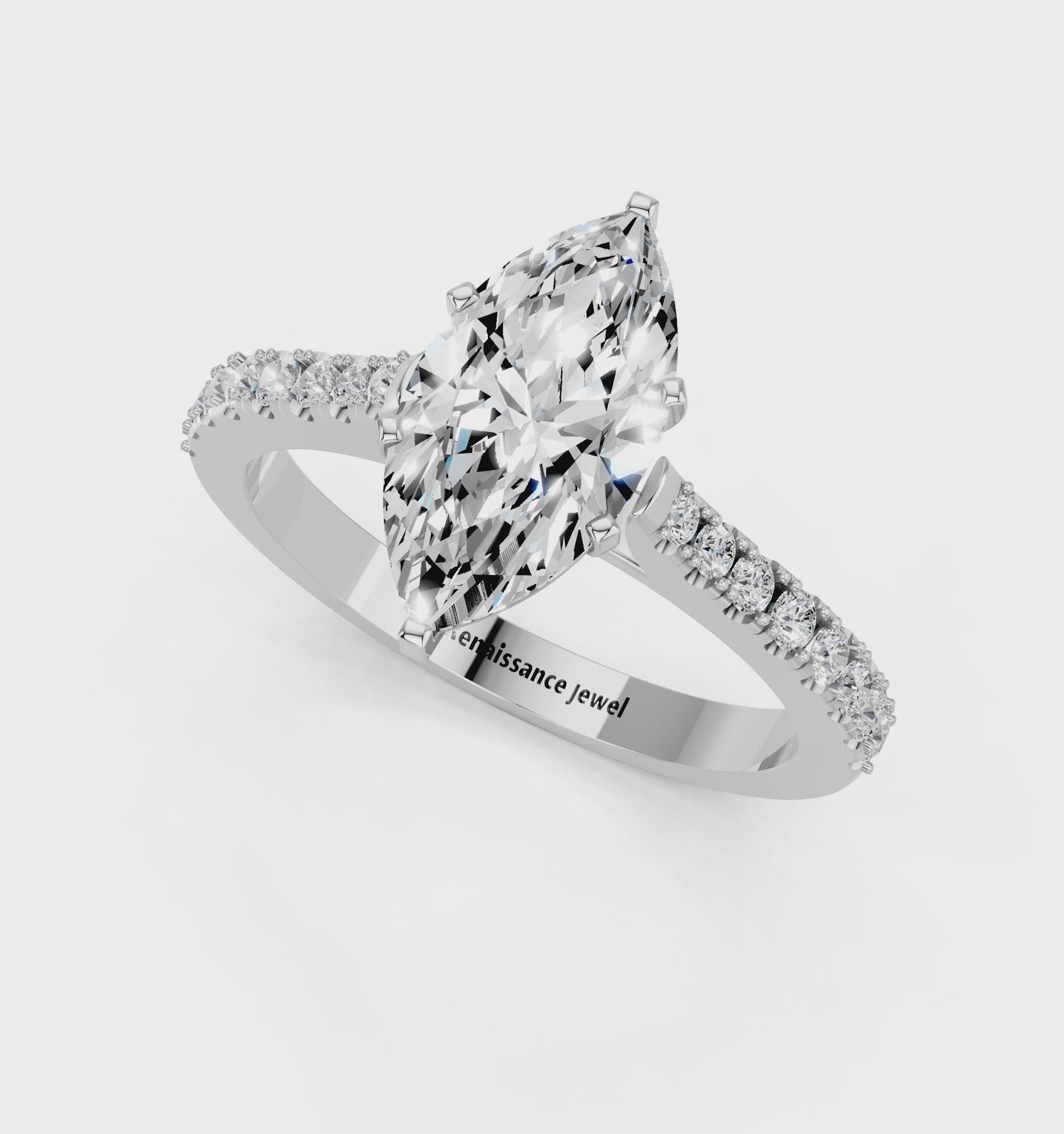 White gold Marquise Cut Solitaire Diamond Engagement Ring with Pave Band and Four-Prong Setting_74