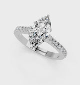 Platinum Marquise Cut Solitaire Diamond Engagement Ring with Pave Band and Four-Prong Setting