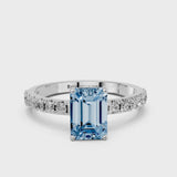 Platinum Fancy Blue Emerald Cut Diamond Solitaire Pavé Band with Four-Prong Setting