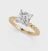 Yellow gold Princess Cut Diamond Solitaire Ring with Beaded Band and Prong Setting