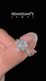 White gold Cushion Cut Diamond Solitaire Engagement Ring with Round  Pavé Band and Prong Setting