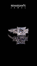 White gold Three-Stone Cushion Cut Diamond Ring with Round  Pavé Band and Prong Setting