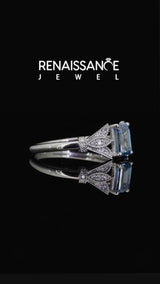 Platinum Fancy Blue Emerald  Diamond Solitaire Ring with Floral Filigree and Pave Accents
