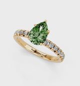Yellow gold Fancy Green Pear  Solitaire Pave Diamond Engagement Ring with Four-Prong Setting
