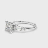 White gold Princess Cut Diamond Ring with Baguette Side Stones, Channel Set Band, and Four-Prong Setting
