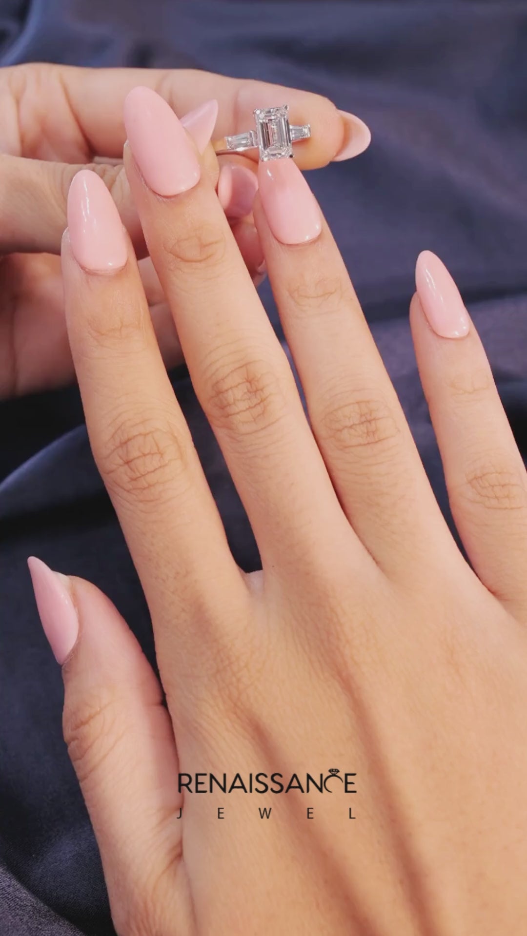 Silver Emerald Solitaire with Tapered Baguette Side Stones on a Classic Band with Four-Prong Setting 3