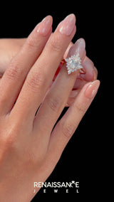 Rose gold Oval Halo Diamond Cluster Ring with Marquise and Round Stones on a White Gold Band with Prong Setting