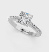 Platinum Cushion Cut Solitaire Diamond Engagement Ring with Pave Band and Four-Prong Setting