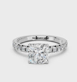White gold Cushion Solitaire Pave Diamond Engagement Ring with Four-Prong Setting