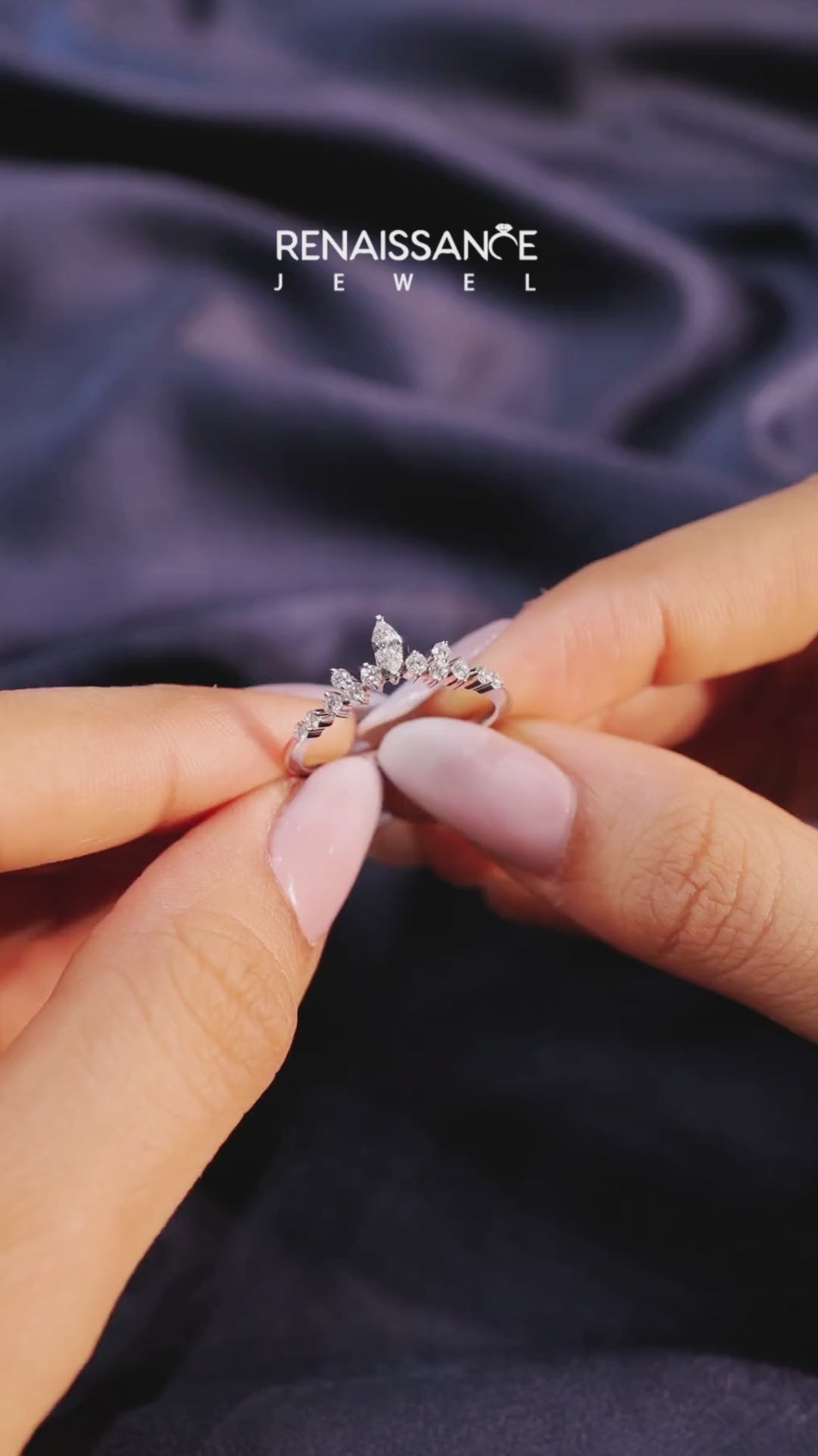 White gold Marquise and Round Diamond Chevron Band with Prong Setting 3