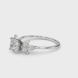 Silver Cushion Diamond Floral Cluster Ring with Marquise Side Stones and Six-Prong Solitaire Setting