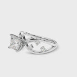 Silver Princess Cut Solitaire Diamond with Side Stones on Criss-Cross Band and Four-Prong Setting