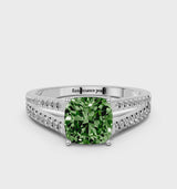 Silver Fancy Green Cushion Cut Diamond Solitaire Engagement Ring with Split Shank Pavé Band