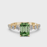 Yellow gold Fancy Green Emerald Cut Solitaire Diamond Ring with Pave Band and Four-Prong Setting