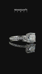 Silver Cushion Cut Moissanite Pave Band Solitaire Ring with Round  and Prong Setting